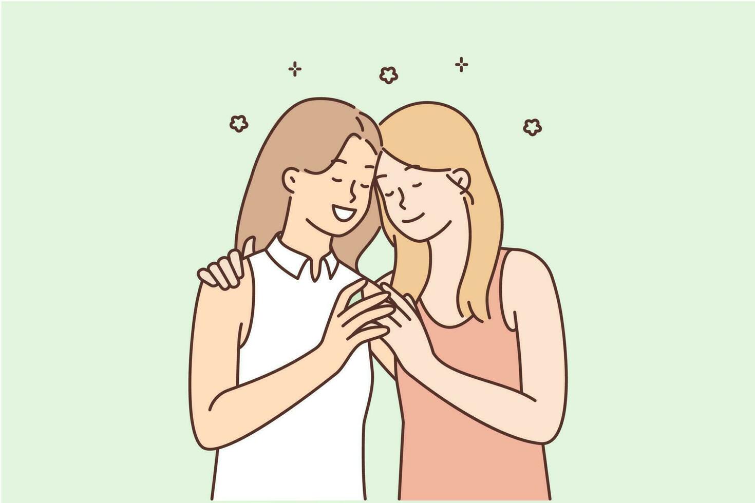 Loving lesbian couple of two women gently hugging and enjoying romantic relationships and dates. Lesbian girlfriends for concept of LGBT tolerance for non-traditional sexual orientation vector