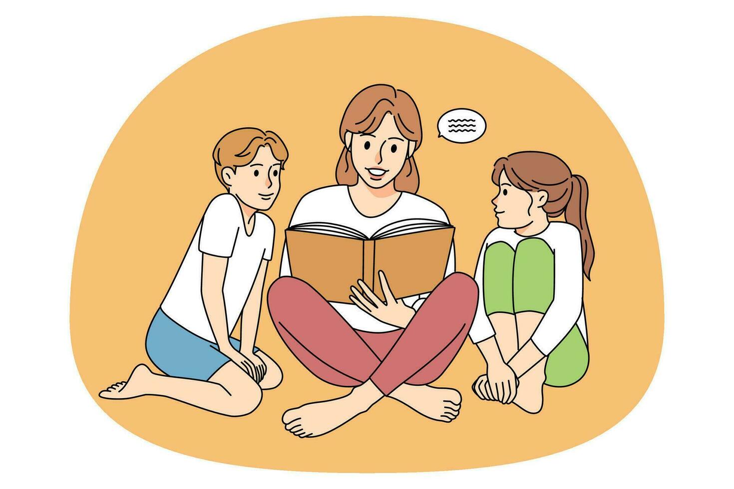 Happy mother reading book to excited small kids. Loving mom enjoy literature fairytale with little children. Family weekend and motherhood concept. Vector illustration.