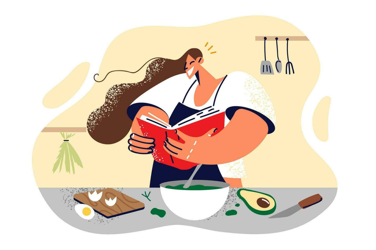 mujer es participación libro de cocina en pie cerca cocina mesa y preparando sano desayuno desde natural productos niña ama de casa en delantal aprender a cocinar desde libro de cocina con recetas y servicial consejos vector