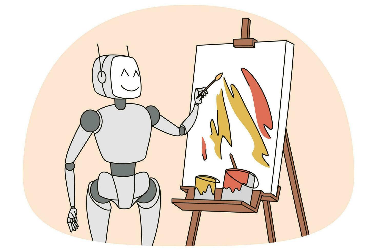 Robot painting on whiteboard. Futuristic robotic assistant writing or drawing on flipchart. New modern technologies, ai concept. Vector illustration.