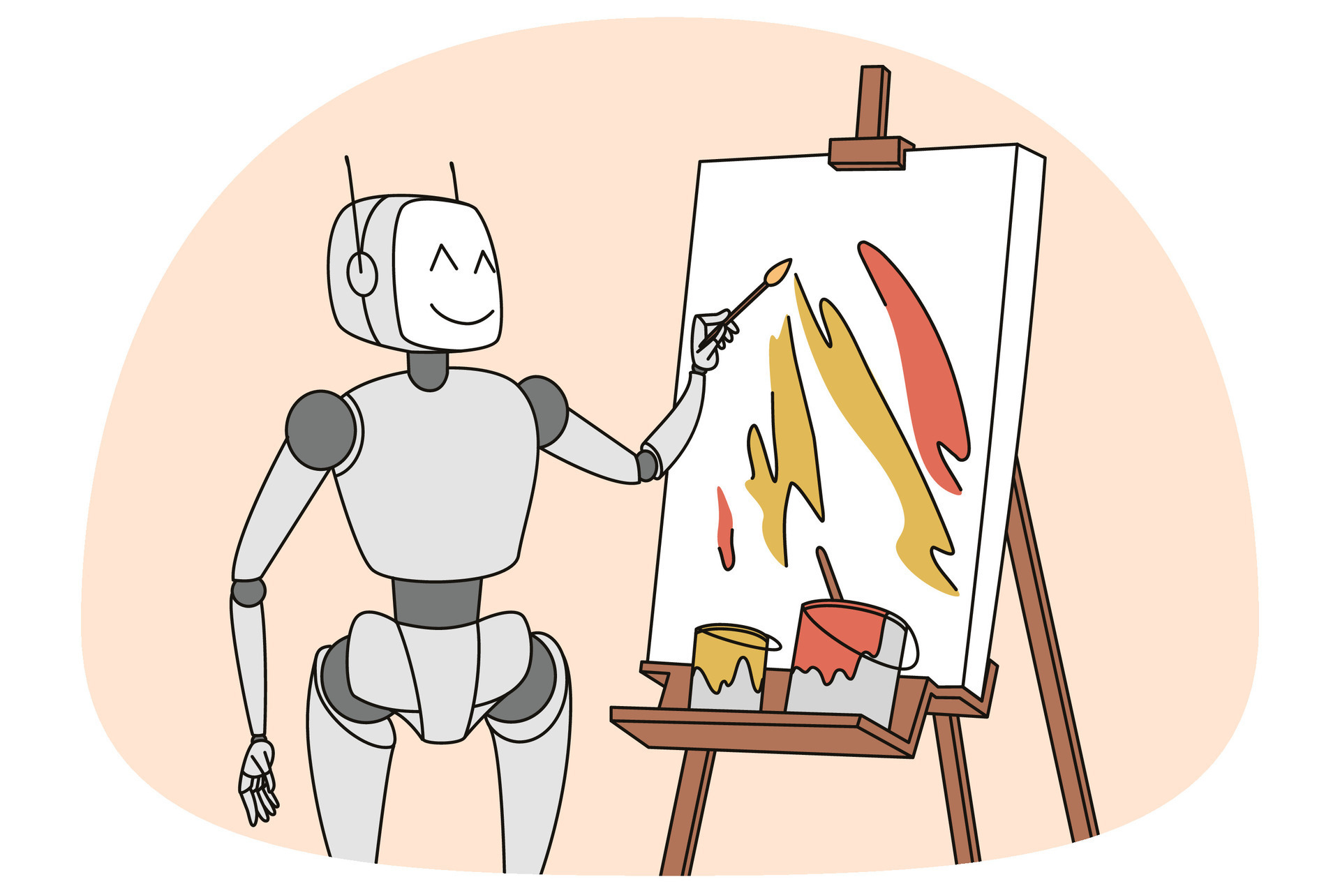 Robot painting on whiteboard. Futuristic robotic assistant writing or
