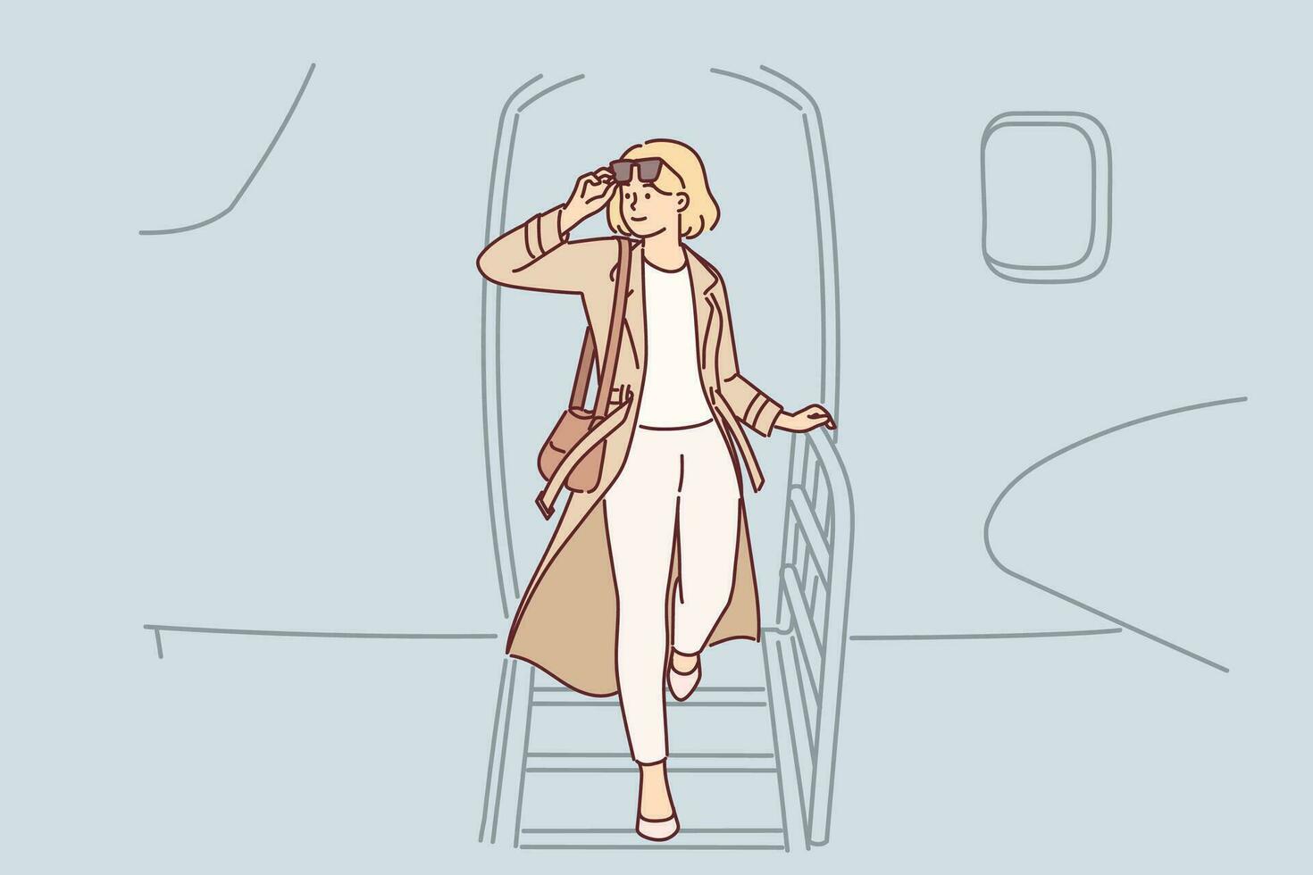 Woman gets off airplane, having arrived on business trip on private flight to conclude important contract. Girl airplane passenger puts on sunglasses after arriving at airport at destination vector