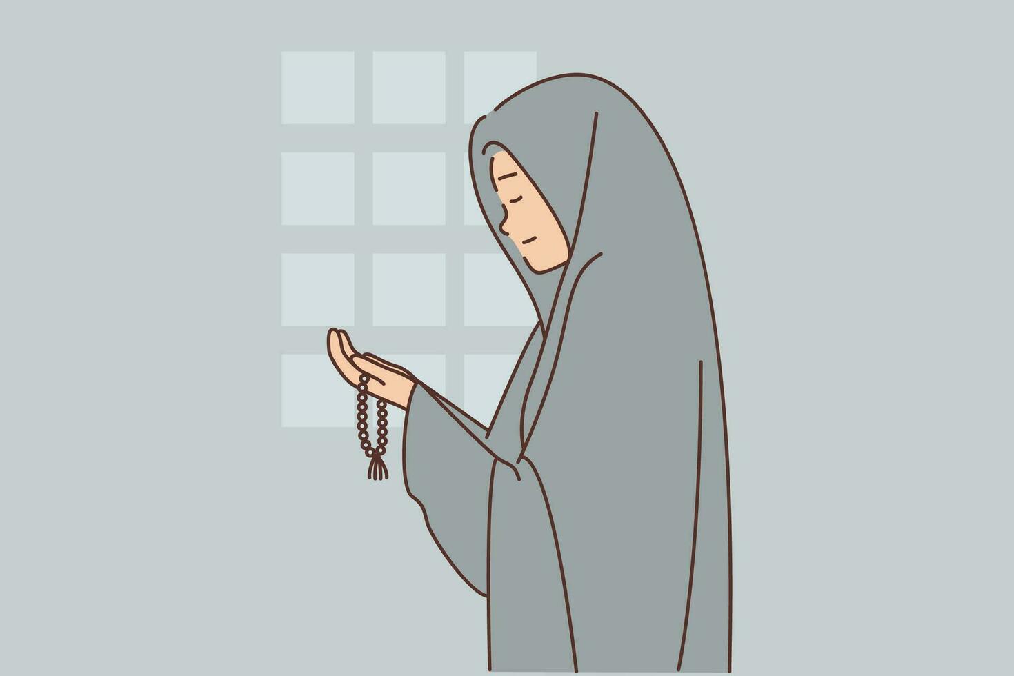 Muslim woman dressed in chador prays in mosque or performs namaz asking allah for help. Religious girl believing in islam and muslim pray turning to prophet Muhammed in holy month of ramadan vector