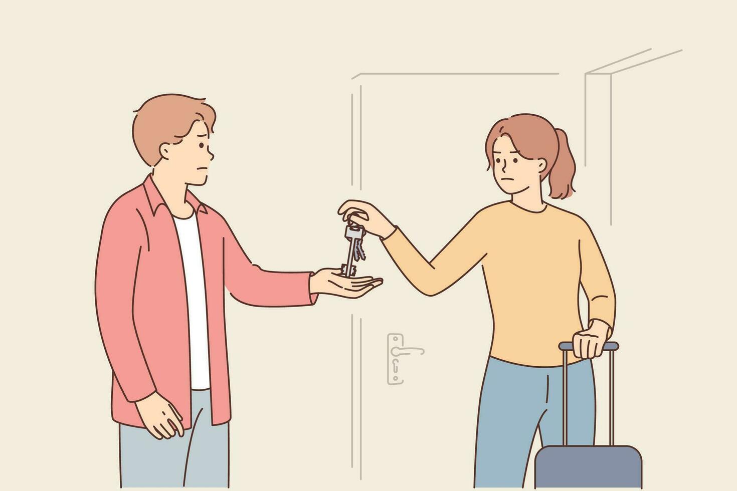 Husband kicks ex-wife out of house by standing near door and taking keys after finding out fact of infidelity. Owner of apartment kicks out girl who rents out house due to late payment vector