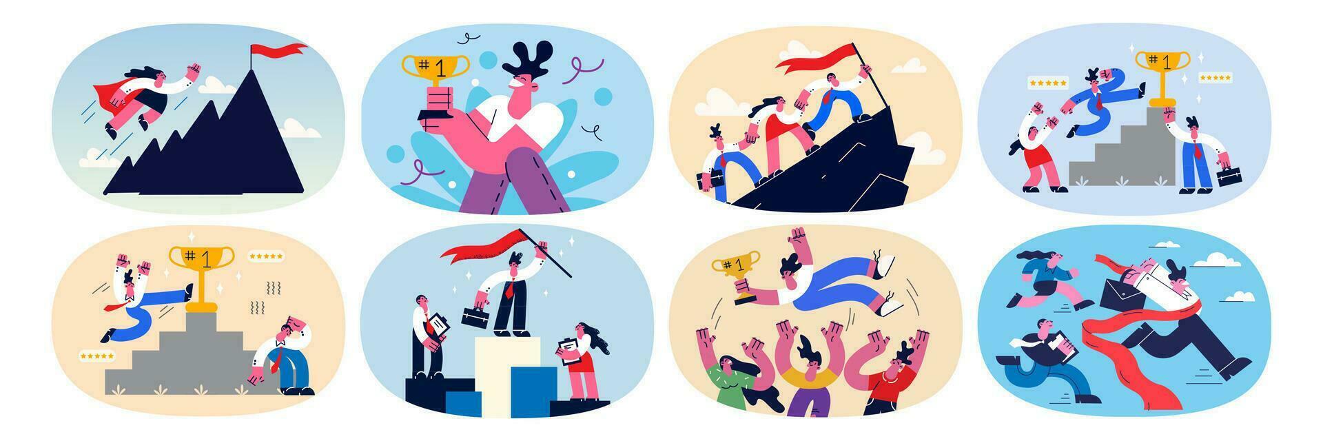 Set of motivated employees or workers celebrate winning trophy or award with teamwork and cooperation. Collection of businesspeople reach company business success or goal. Vector illustration.