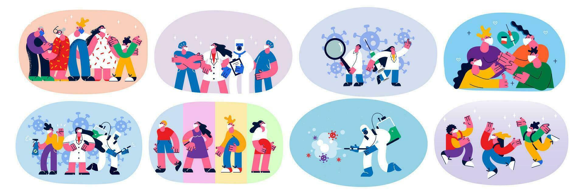 Set of diverse people in facial masks get vaccinated protect against covid-19. Bundle of doctors fight with coronavirus infection. Vaccination against corona virus pandemic. Vector illustration.