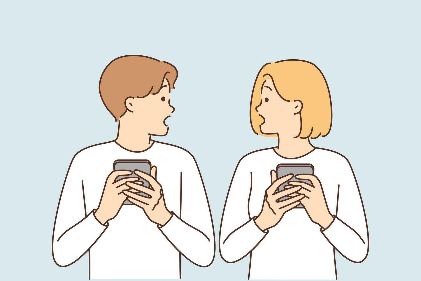 Shocked couple with phones surprised to read news or receive SMS mailing about bad weather. Embarrassed man and woman with phones surprised by posts or shared photos of partner on social media vector