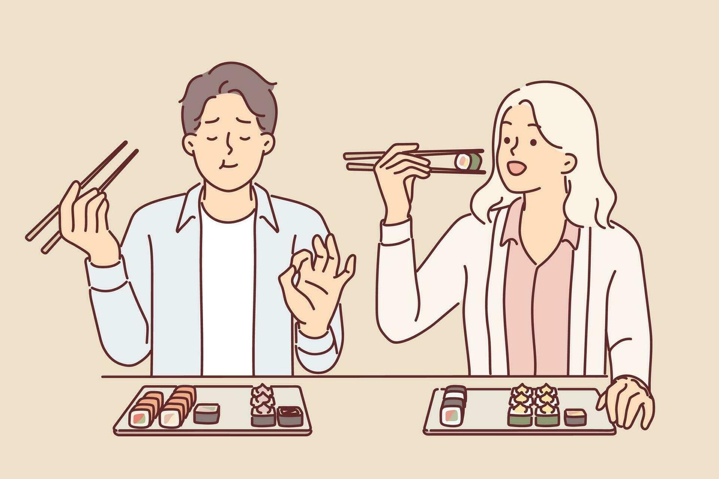 Pareja come Sushi a japonés restaurante disfrutando maki rollos con Fresco pescado y arroz. hombre y mujer sentar a mesa y utilizar palillos a disfrutar gusto de rollos durante fecha en asiático café vector