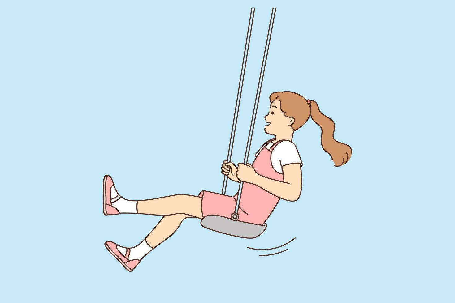 Little girl laughing swinging at swing and having fun for happy childhood concept. Cheerful teenage schoolgirl sitting on swing spending time after school on playground for children activities vector