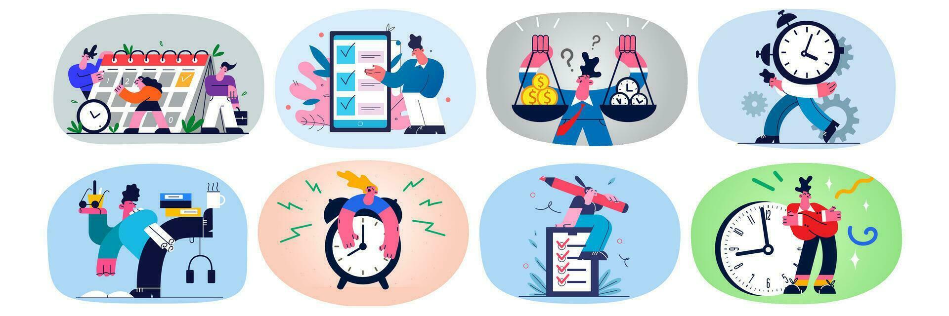 Set of diverse employees or workers multitask manage meet deadline, finish business task. Collection of businesspeople overwhelmed with workload. Overwork concept. Vector illustration.