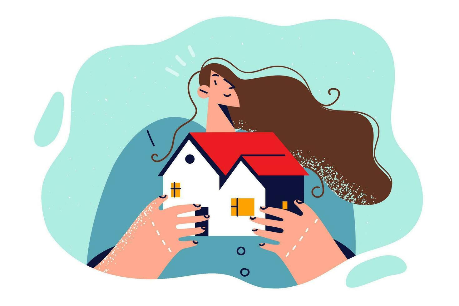Woman broker or realtor holding model of house offering assistance in getting mortgage or finding good home. Girl with miniature house symbolizes happy housewife who invested profitably in real estate vector