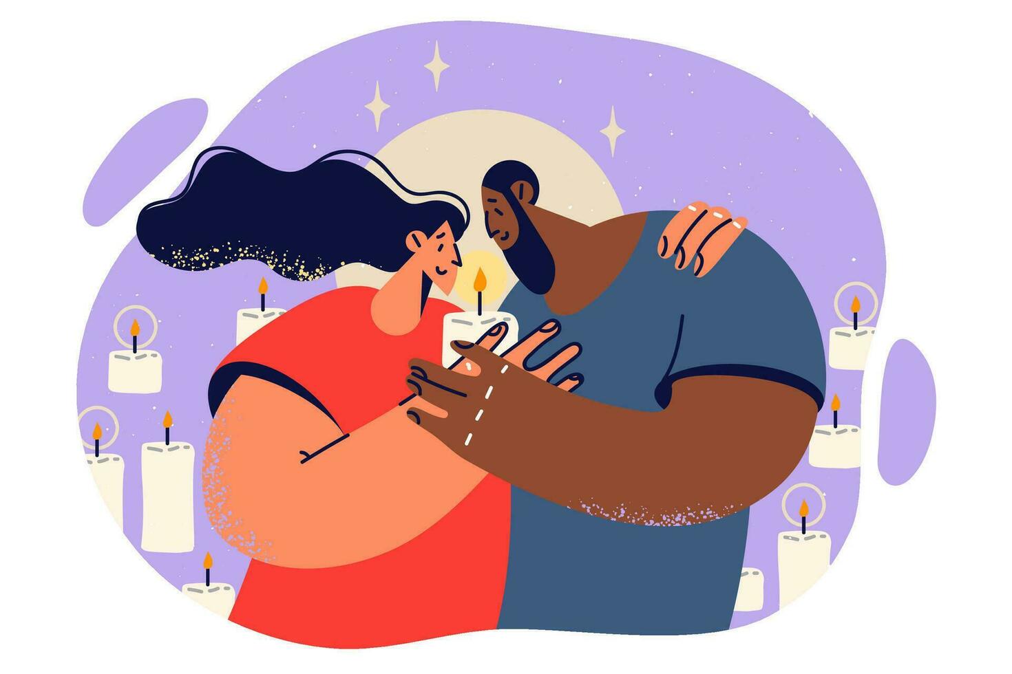 Happy couple hugging and holding burning candle spending romantic evening together for concept diversity and multiracial love. Multiracial young family enjoys privacy and intimacy. vector