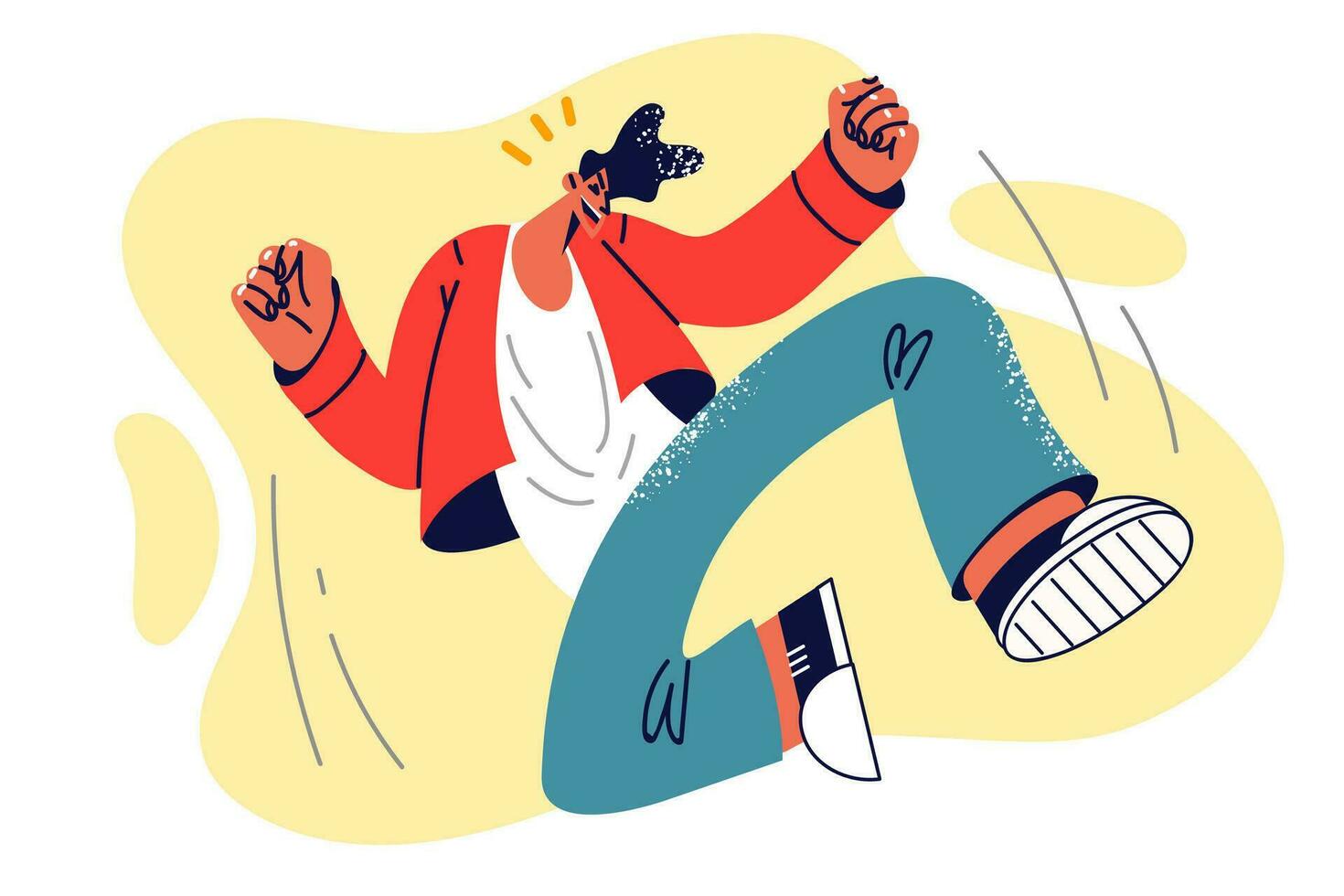 Overjoyed man jumps up feeling euphoric from impressive achievement and success in school or work. Overjoyed guy makes winning jump after learning about career advancement or salary increase vector