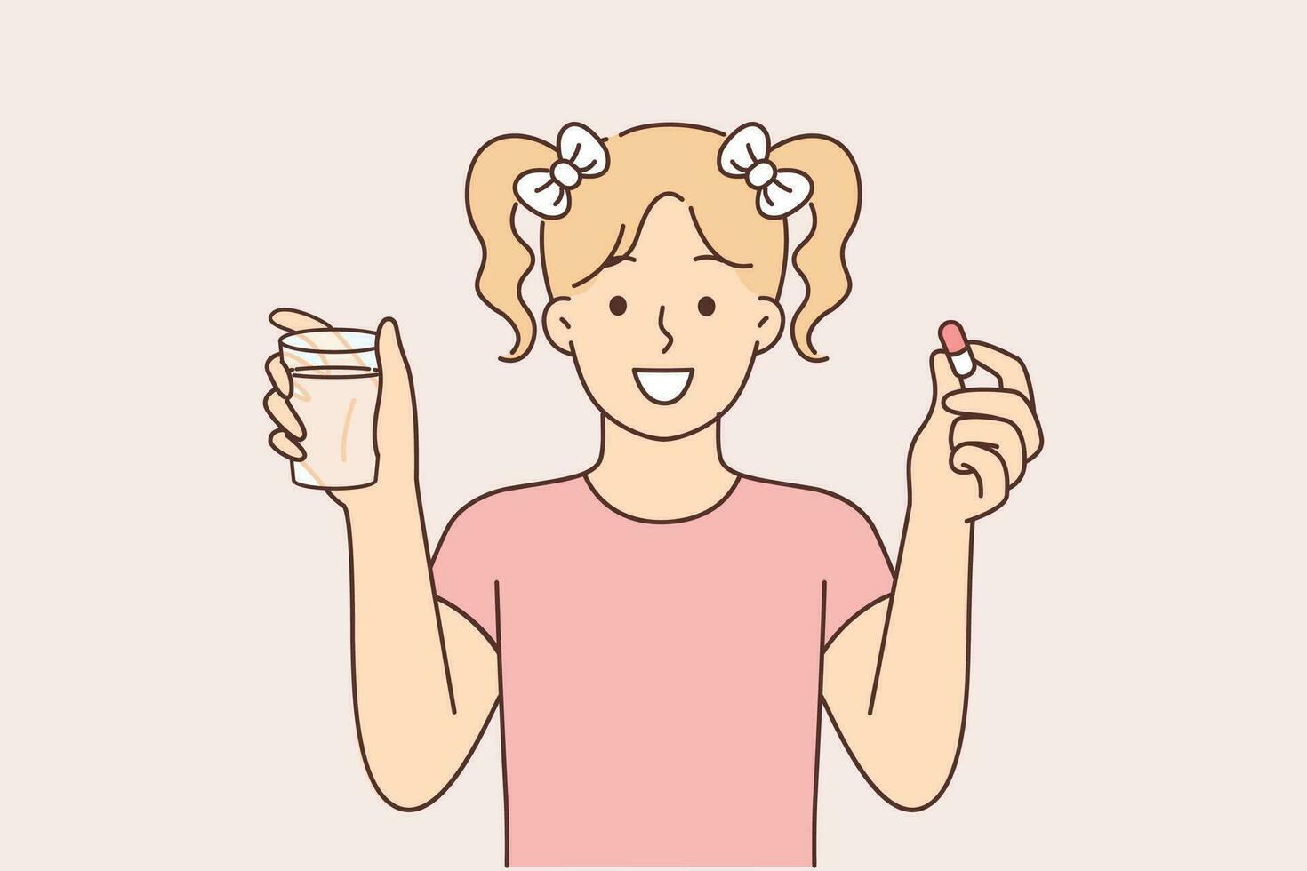 Little girl with pill and glass of water smiles and recommends taking vitamins to improve immunity. Schoolgirl teenager holding capsule in hand taking vitamins complex to resist bacteria vector