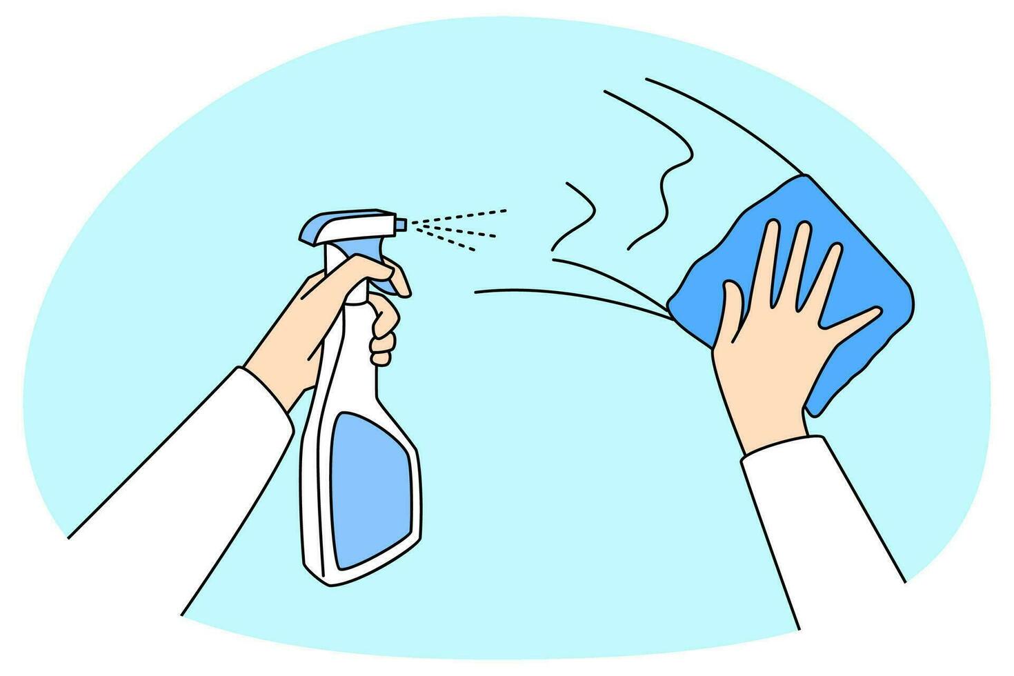 Person holding antibacterial spray and wipe cleaning surface. Housekeeper wash sanitize walls. Hygiene and housekeeping service. Vector illustration.