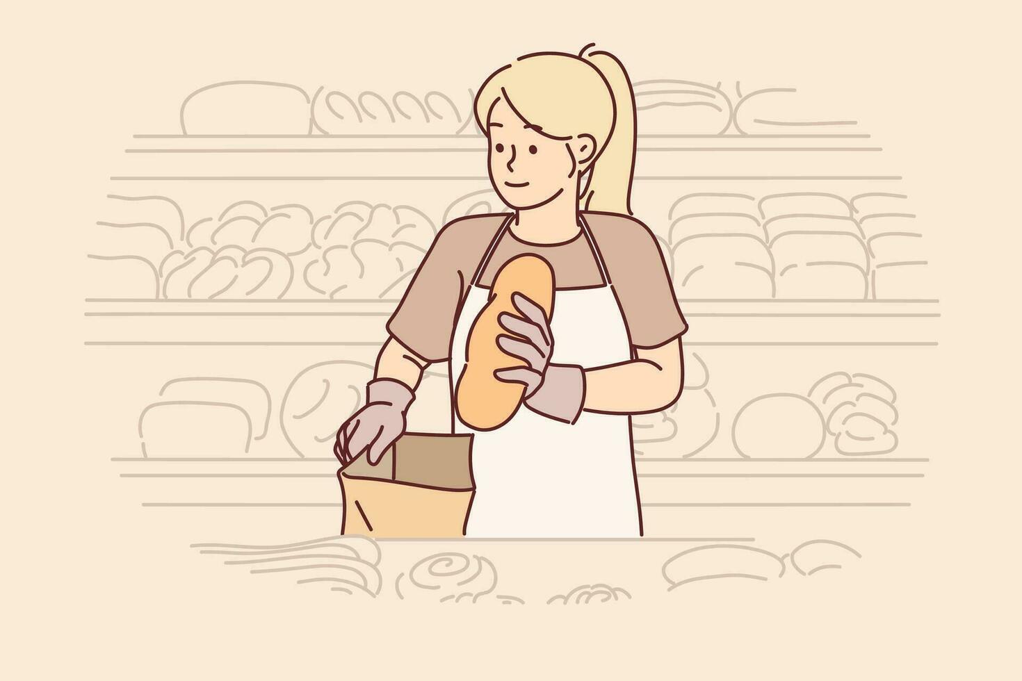 Woman stands in bakery putting bread in paper bag and working as sales assistant to help choose delicious product. Girl seller from bakery dressed in apron, near racks with freshly baked baguettes vector