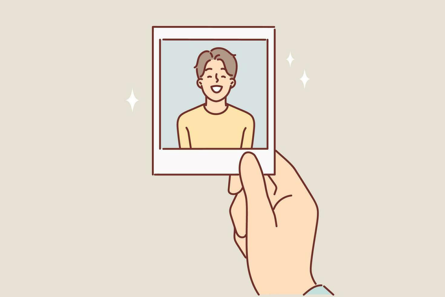 Photo of teenager boy in hand of father or mother for concept of nostalgia for times gone by. Sentimental man looks at photo of little laughing boy, looking back at times when son was little. vector