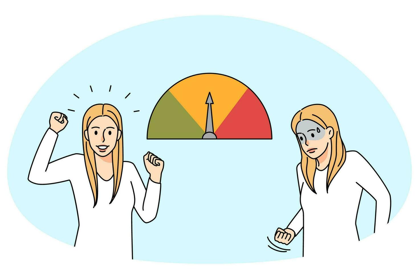 Happy and unhappy woman next to stress level scale measurement. Relaxed and distressed female suffer from burnout. Emotion control concept. Vector illustration.