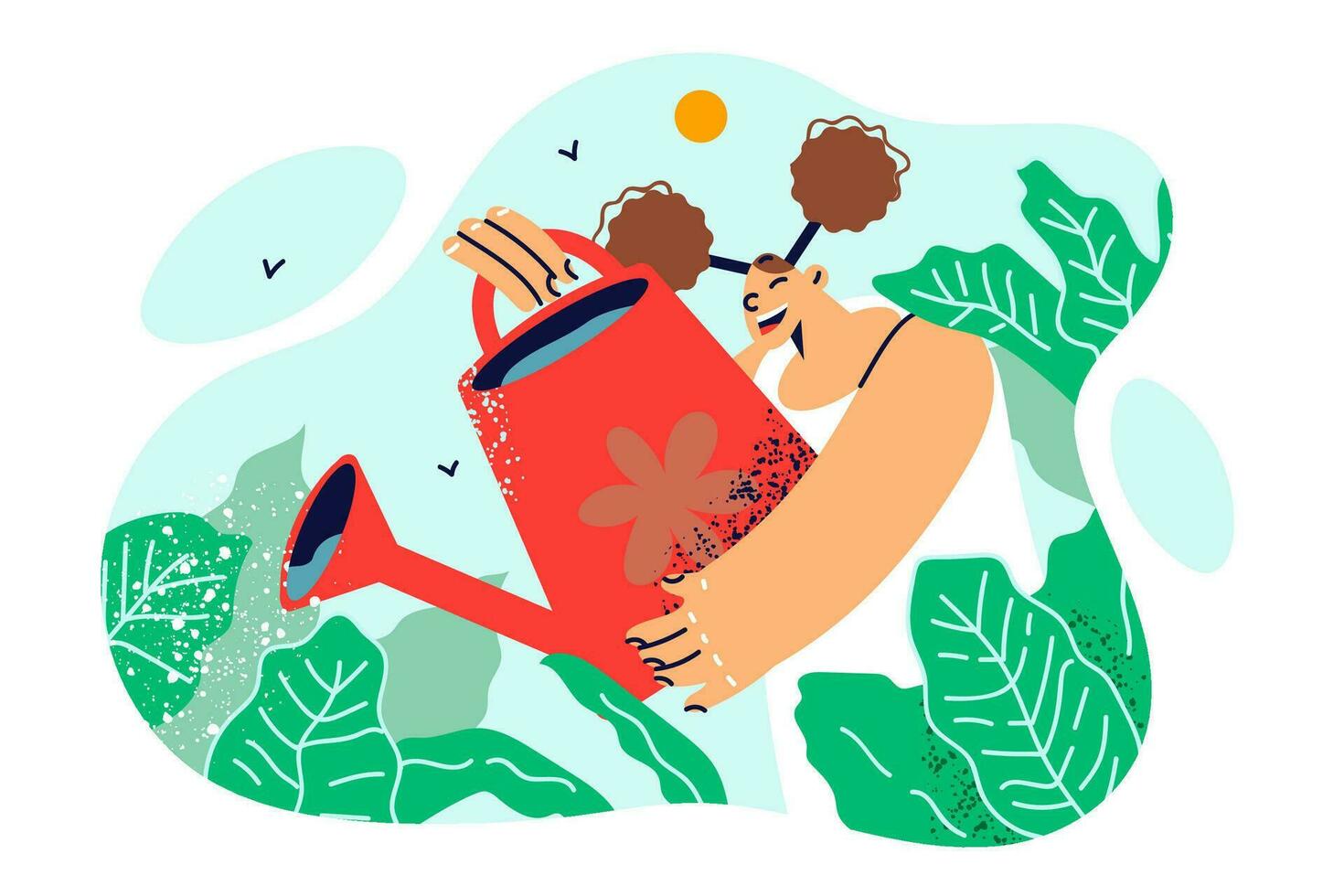 Little girl uses watering can to take care of vegetables and organic cabbage growing in garden. Happy woman watering plants with water and fertilizer to get rid of pests and get quality crop vector