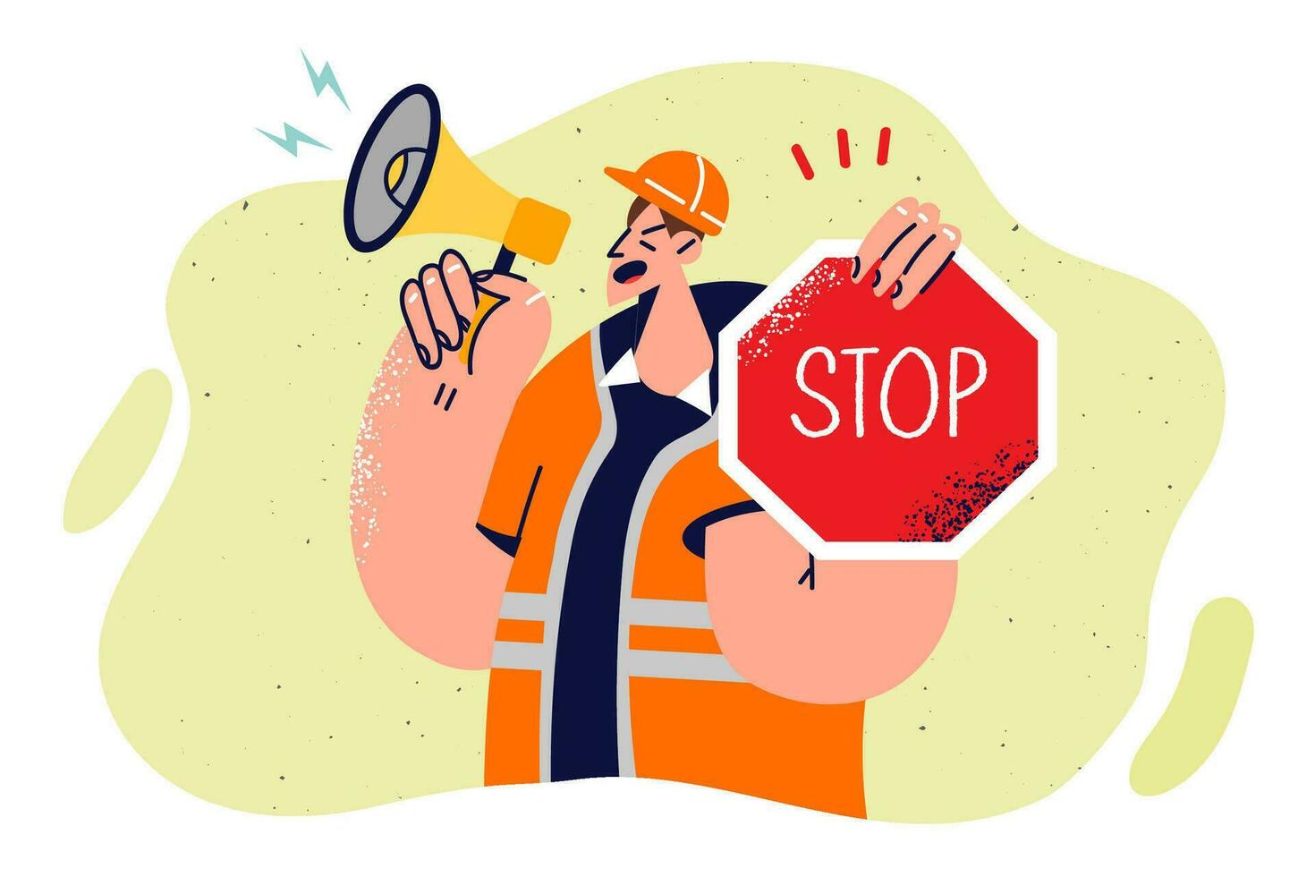Man builder with stops sign shouts into megaphone warning people of danger due to road repair or construction. Guy road worker stops movement of cars and urges to slow down in dangerous area vector