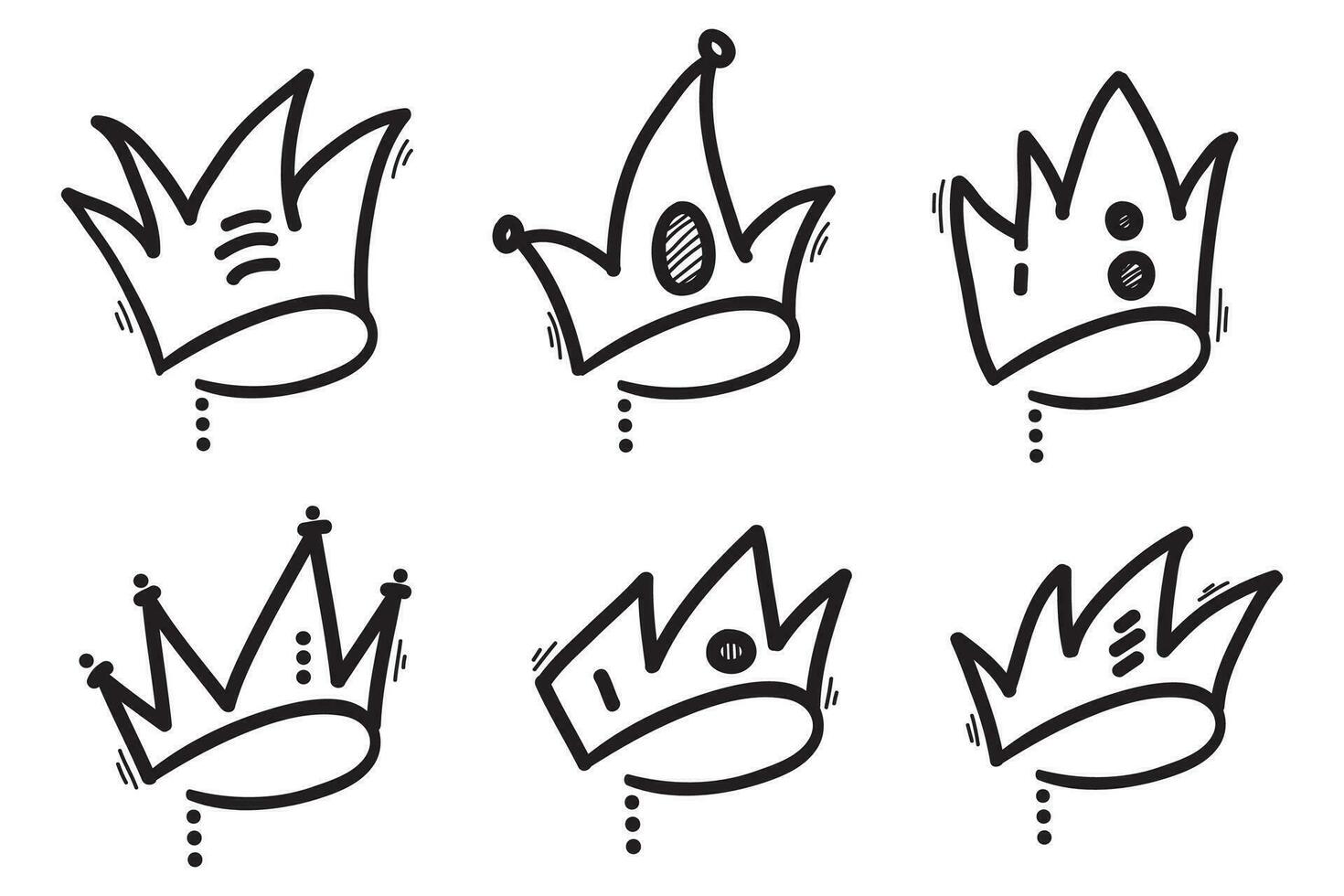 Doodle crowns. Line art king or queen crown sketch, fellow crowned heads tiara, beautiful diadem and luxurious decals vector illustration set. Royal head accessories linear collection