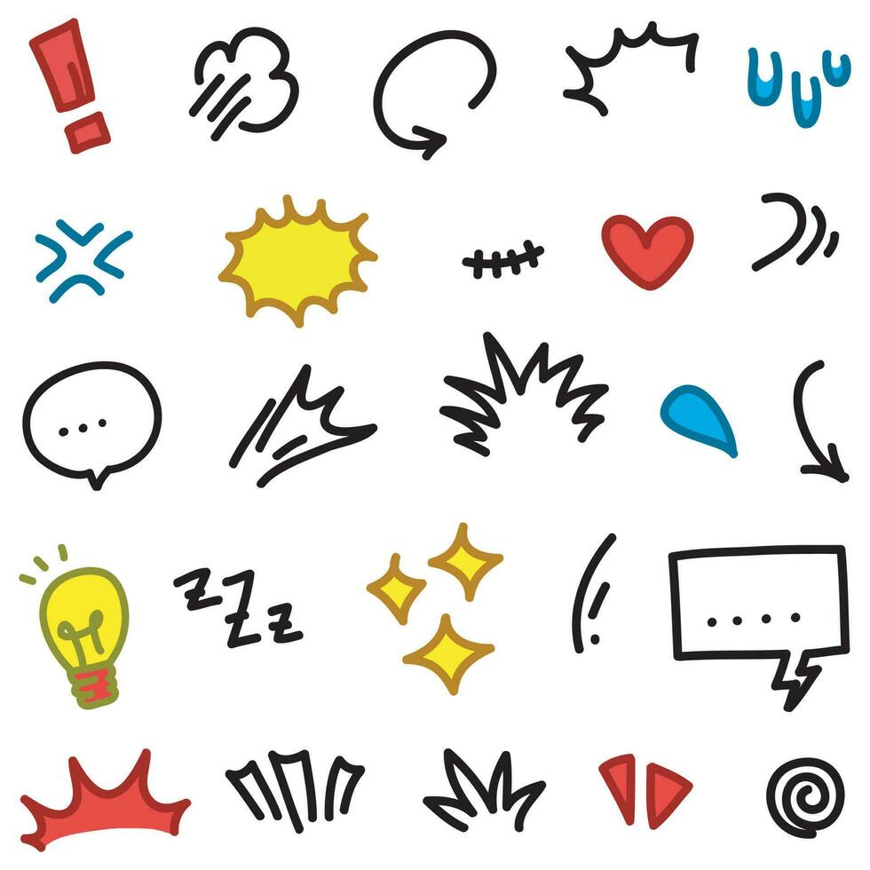 Vector set of hand-drawn cartoony expression sign doodle, curve directional arrows, emoticon effects design elements, cartoon character emotion symbols, cute decorative brush stroke lines.