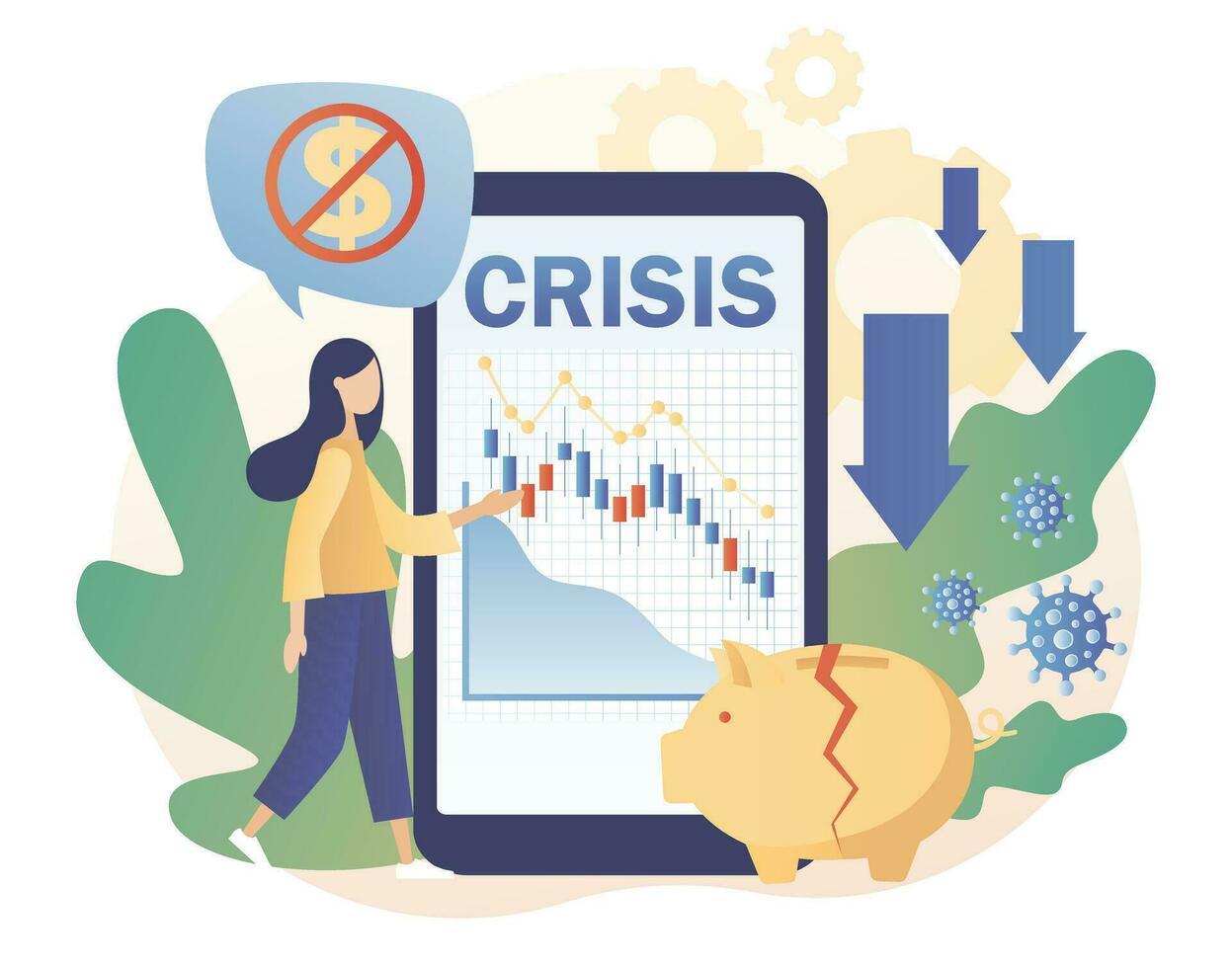 Financial crisis concept. Economic downturn. Tiny woman faces Coronavirus pandemic or COVID-19 impact on global economy and stock markets. Modern flat cartoon style. Vector illustration