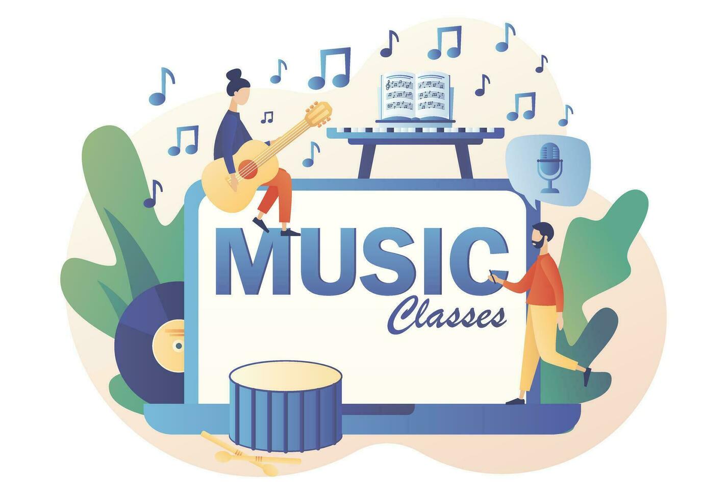 música clase - texto en ordenador portátil pantalla. en línea educación. vocal lecciones minúsculo músicos con música computadora portátil, micrófono, guitarra, teclado, tambor. moderno plano dibujos animados estilo. vector ilustración