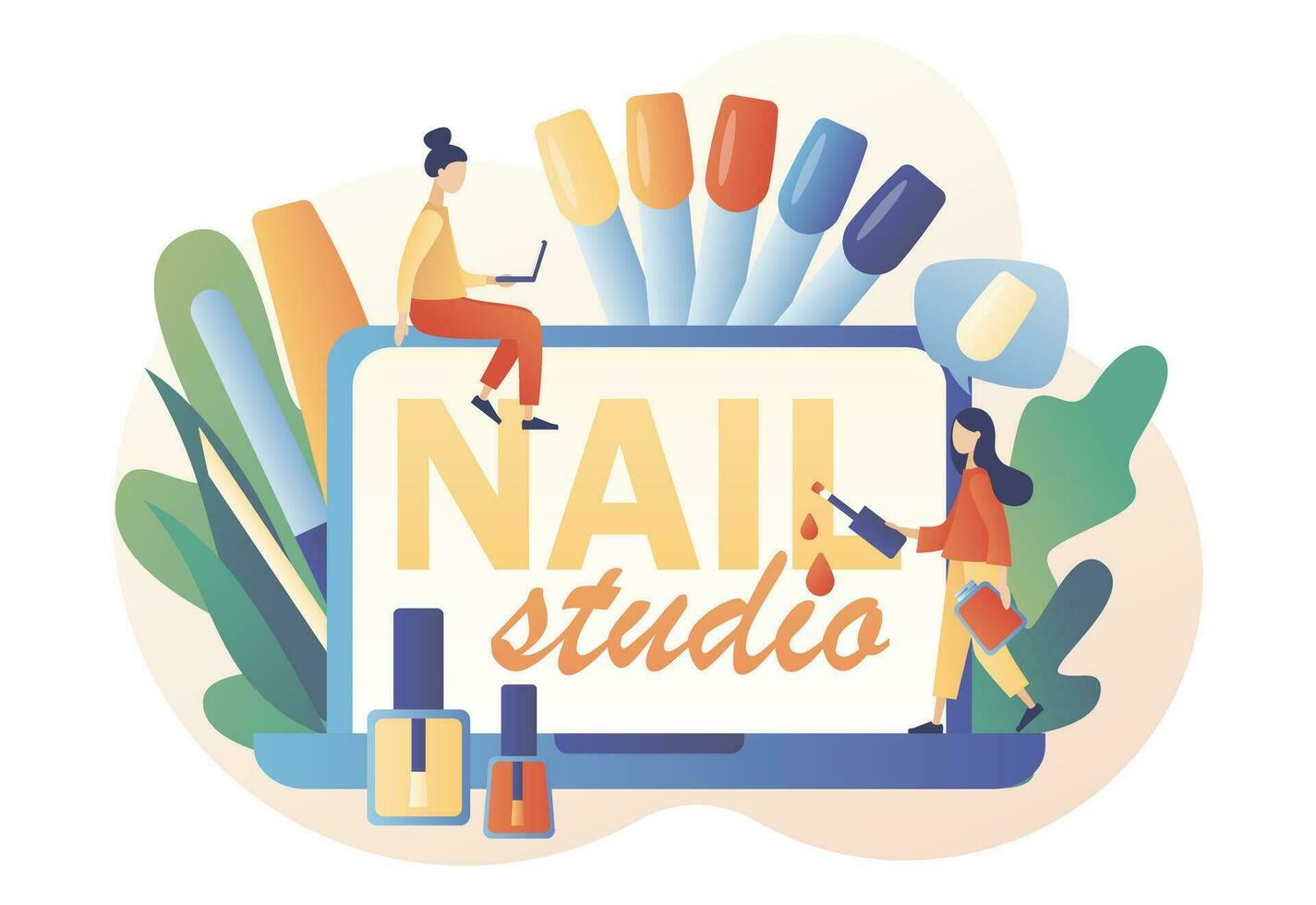 Manicurist service. Nail studio - text on laptop screen. Beauty salon concept. Manicure master and client. Different tools for manicure procedures. Modern flat cartoon style. Vector illustration