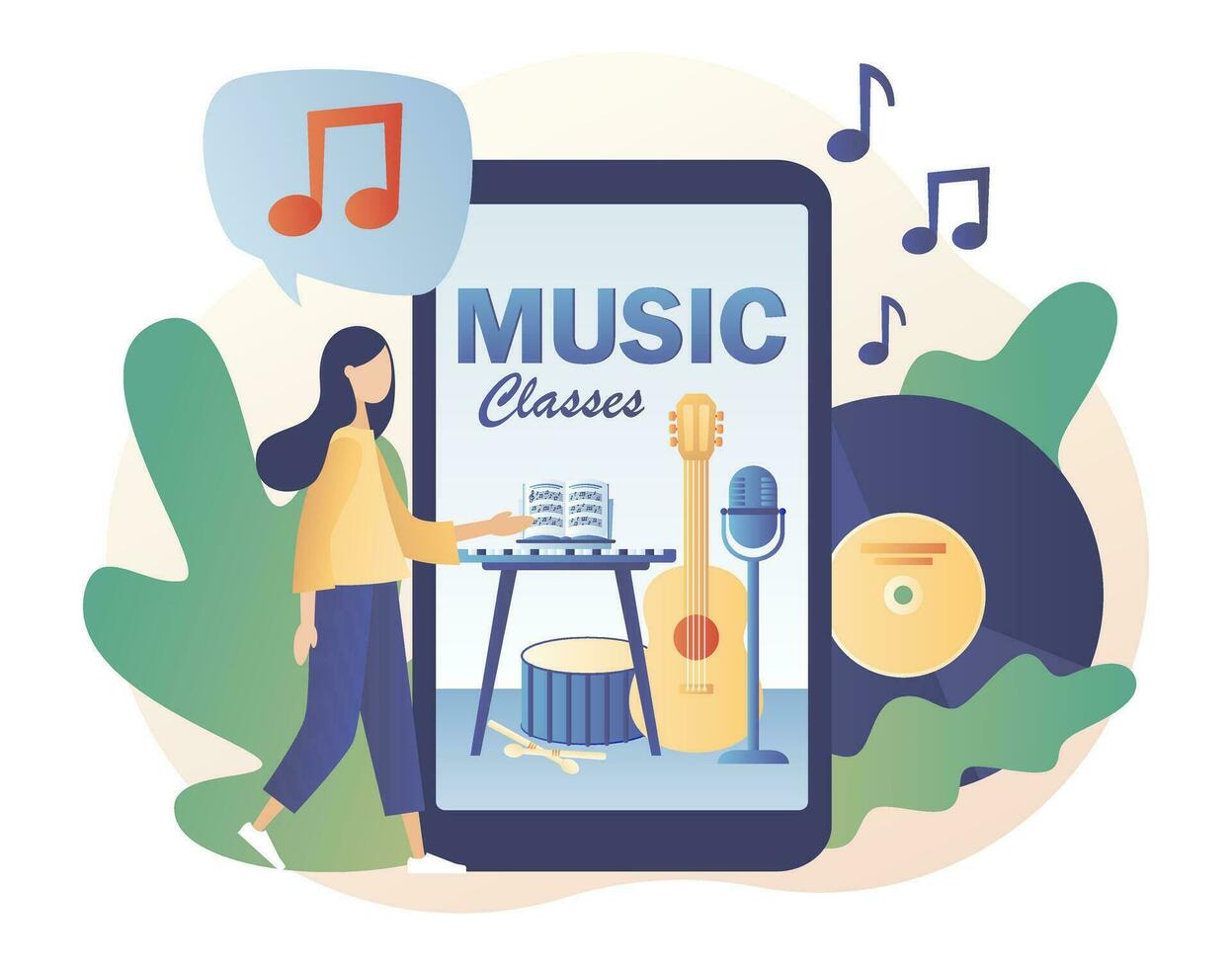 música y vocal lecciones minúsculo niña músico con grande teléfono inteligente música computadora portátil, micrófono, guitarra, teclado, tambor. en línea educación. moderno plano dibujos animados estilo. vector ilustración en blanco antecedentes