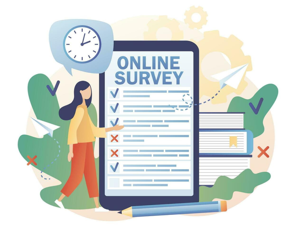 Tiny woman filling online survey form in smartphone app. Online survey concept. Feedback service. Internet surveying, questionnaire, customers voting. Modern flat cartoon style. Vector illustration