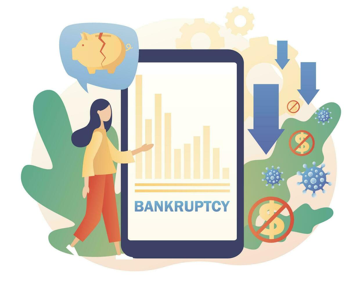 Business bankruptcy. Financial crisis through coronavirus pandemic. Economical loan payback problem, investment failure and budget collapse. Modern flat cartoon style. Vector illustration