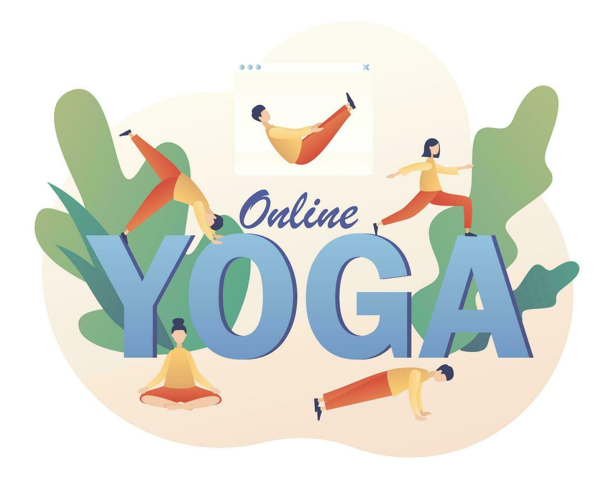 Tiny people in different yogic poses practicing hatha yoga and meditation. Yoga online - big text. Stay home concept. Modern flat cartoon style. Vector illustration on white background