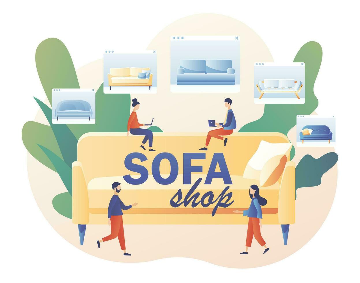 sofá tienda en línea. minúsculo personas compras mueble y hogar decoración. mueble y hogar accesorios almacenar. moderno plano dibujos animados estilo. vector ilustración en blanco antecedentes