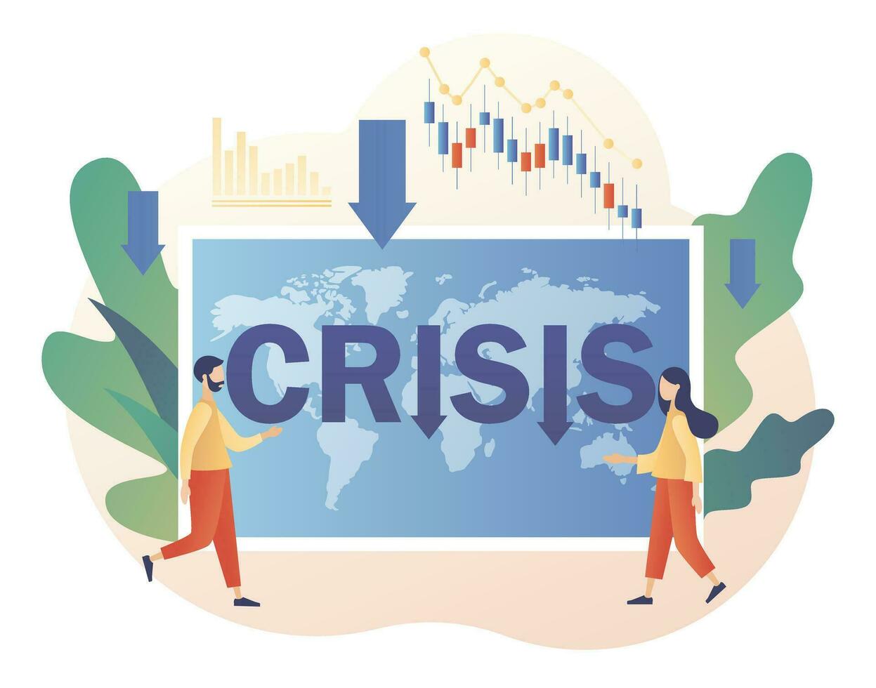 Global financial crisis concept. Economic downturn. Tiny businessmen faces Coronavirus pandemic or COVID-19 impact on global economy and stock markets. Modern flat cartoon style. Vector illustration