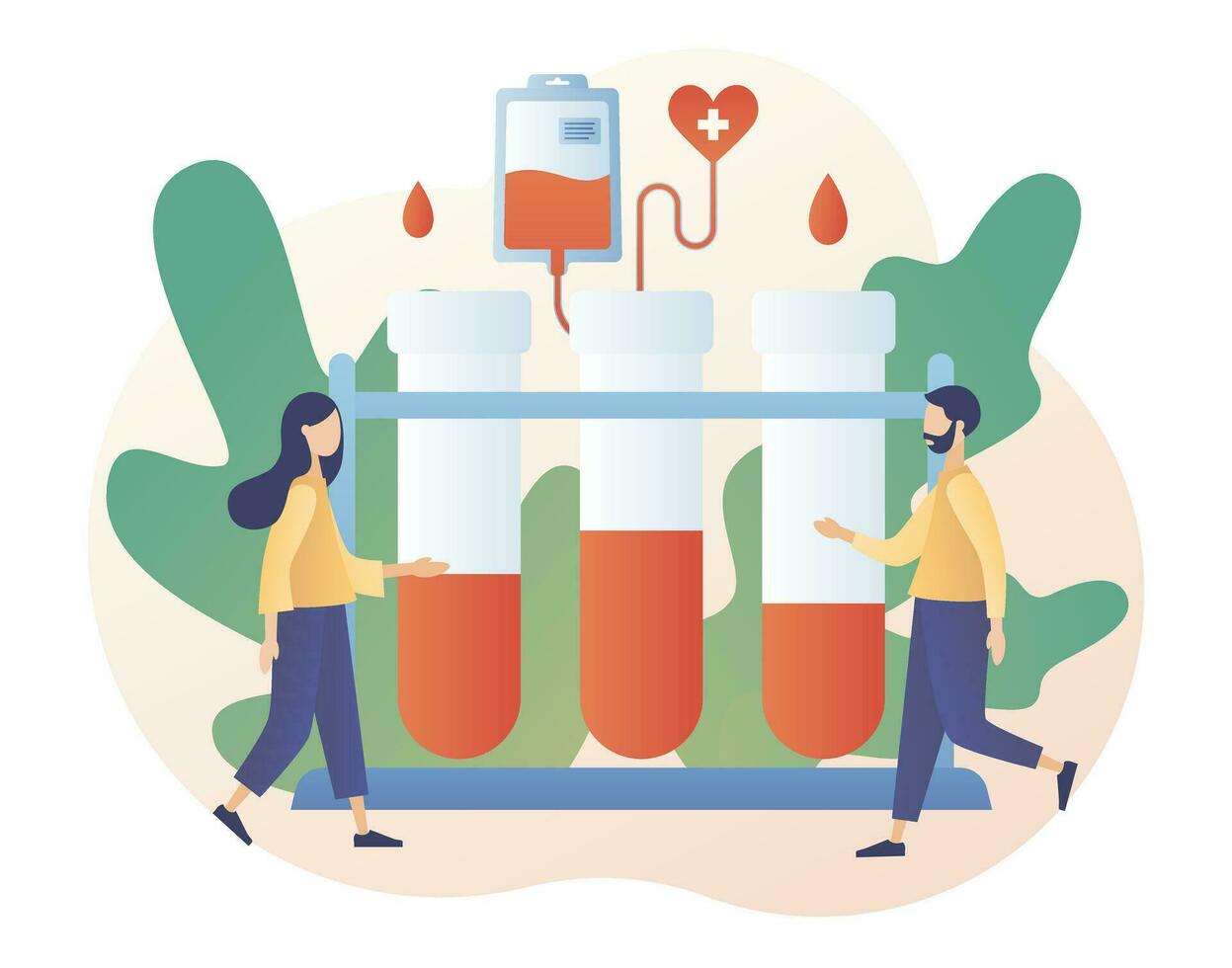 Blood donation concept. Blood test or analysis. Clinical laboratory examination. Tiny volunteers with nurses donating blood in hospital. Health care. Modern flat cartoon style. Vector illustration