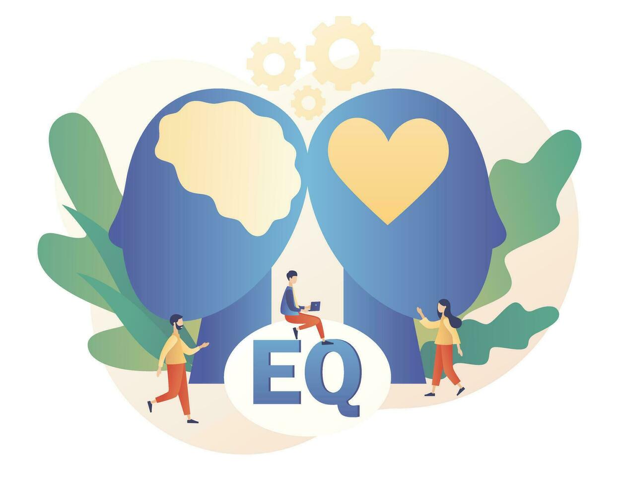 Emotional intelligence. Heart and brain as symbol of balance. Love, mind, logical. Tiny people exploring inner personality. Modern flat cartoon style. Vector illustration on white background