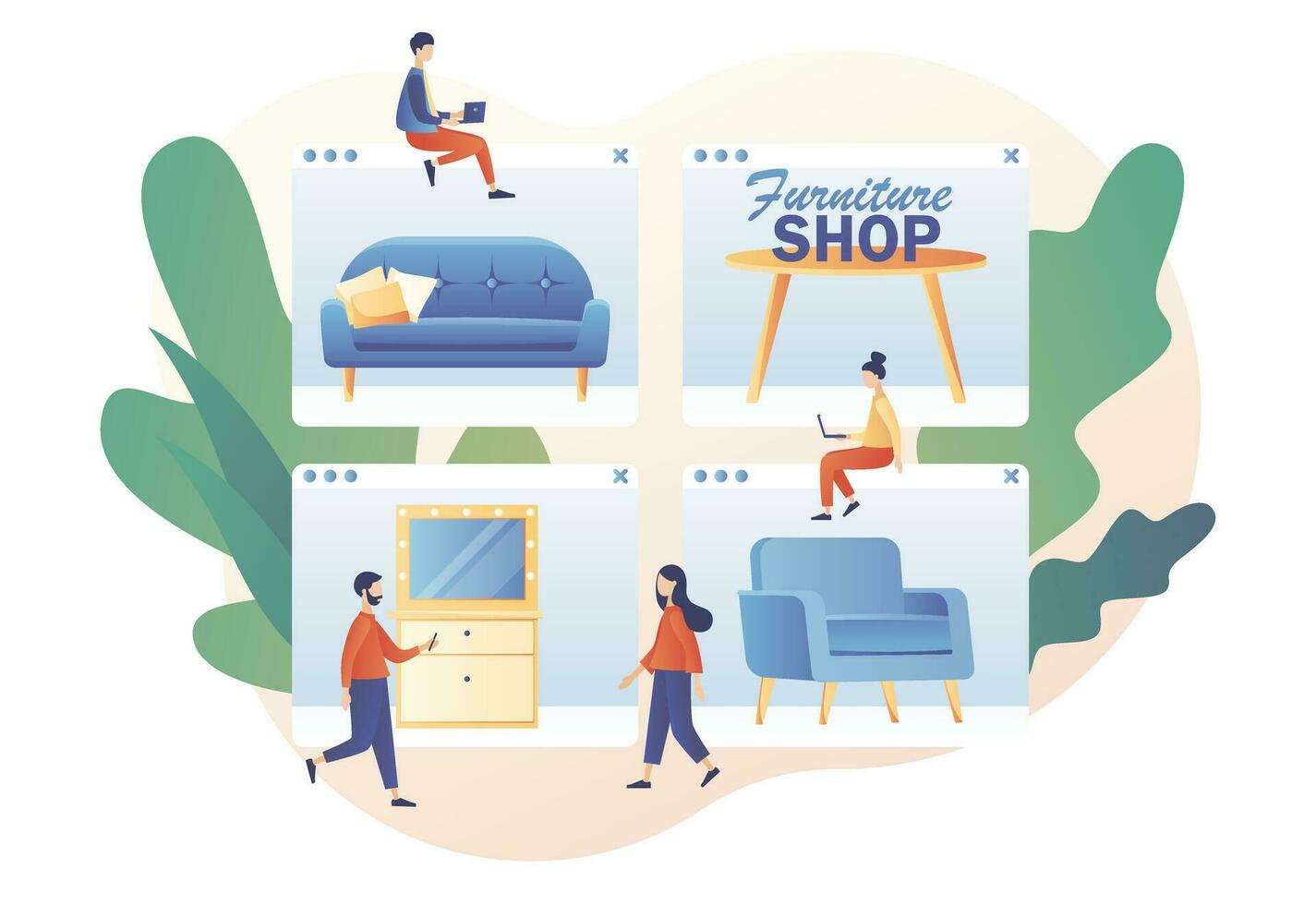 Tiny people shopping furniture and home decor online use smartphone or laptop. Furniture and home accessories store. Sofa shop. Modern flat cartoon style. Vector illustration on white background