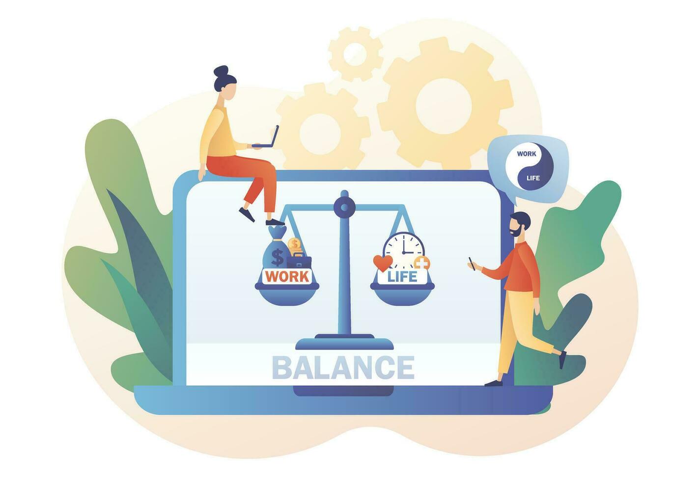 Scales as symbol of life balance. Work and life balance. Tiny people keep harmony choose between career and money versus love and time. Leisure or business. Modern flat cartoon style. Vector