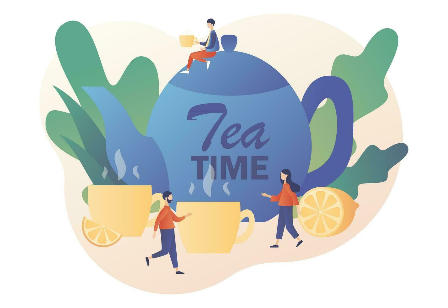 Tea time concept. Tiny people drinking tea. Hot drinks party. Big kettle, cups, lemon slice and sugar cubes. Modern flat cartoon style. Vector illustration on white background