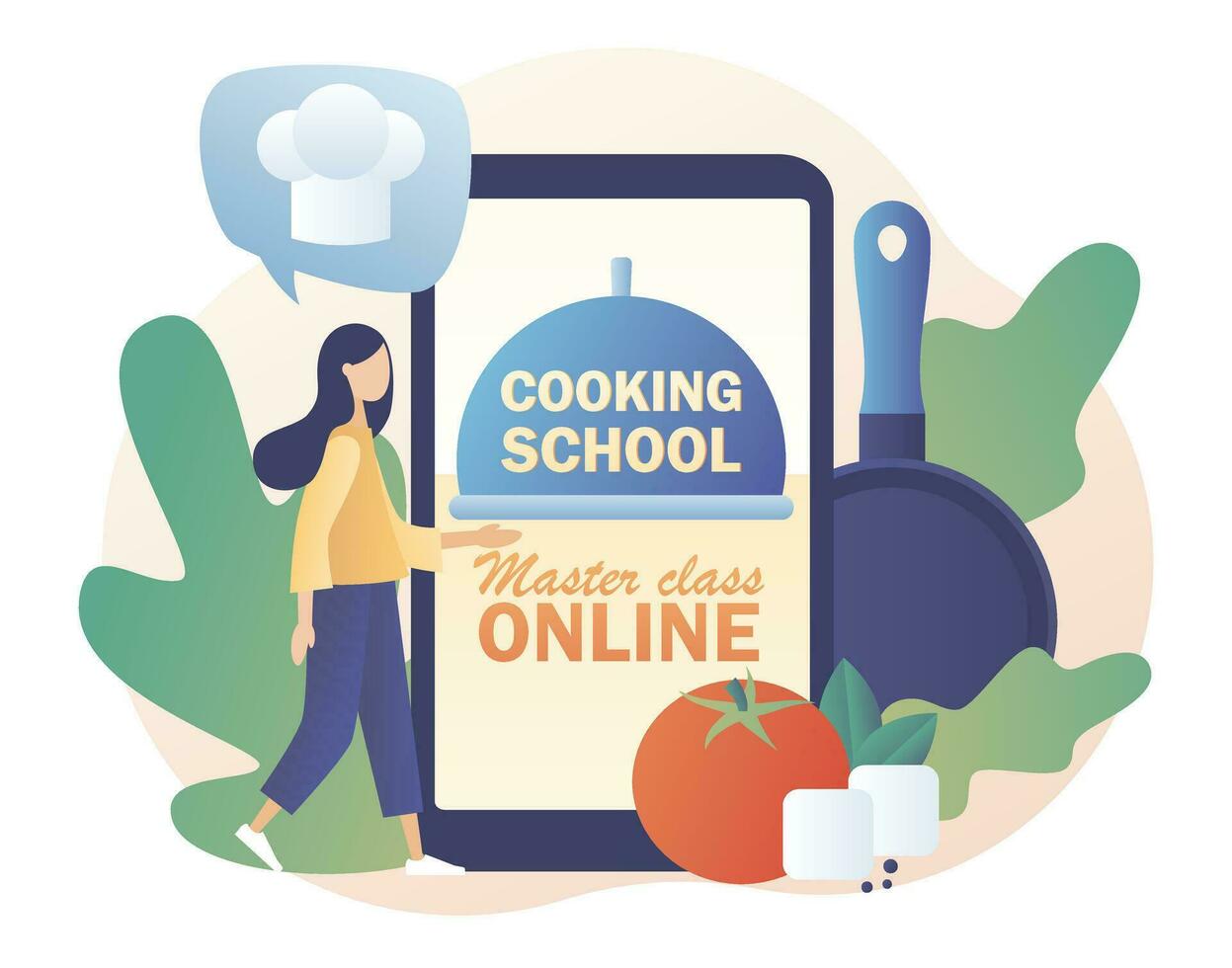 Tiny woman with kitchen tools and foods learns to cook in culinary online master class. Cooking school text on smartphone screen. Modern flat cartoon style. Vector illustration on white background