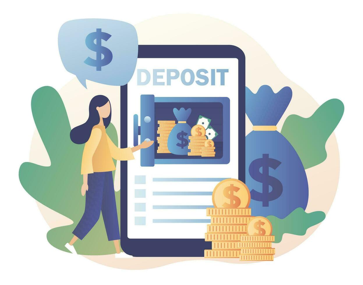 Online Deposit concept. Bank account, banking app, bank security, safety. Tiny woman put money in bank safe with dollars. Longterm money saving finance. Modern flat cartoon style. Vector illustration