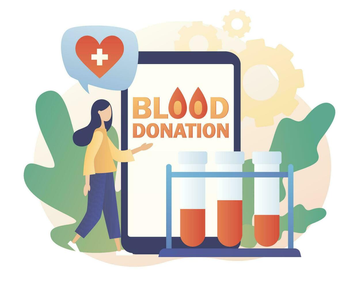 Blood donation - text on smartphone screen. Blood test or analysis. Tiny volunteers with nurses donating blood in hospital. Health care. Modern flat cartoon style. Vector illustration