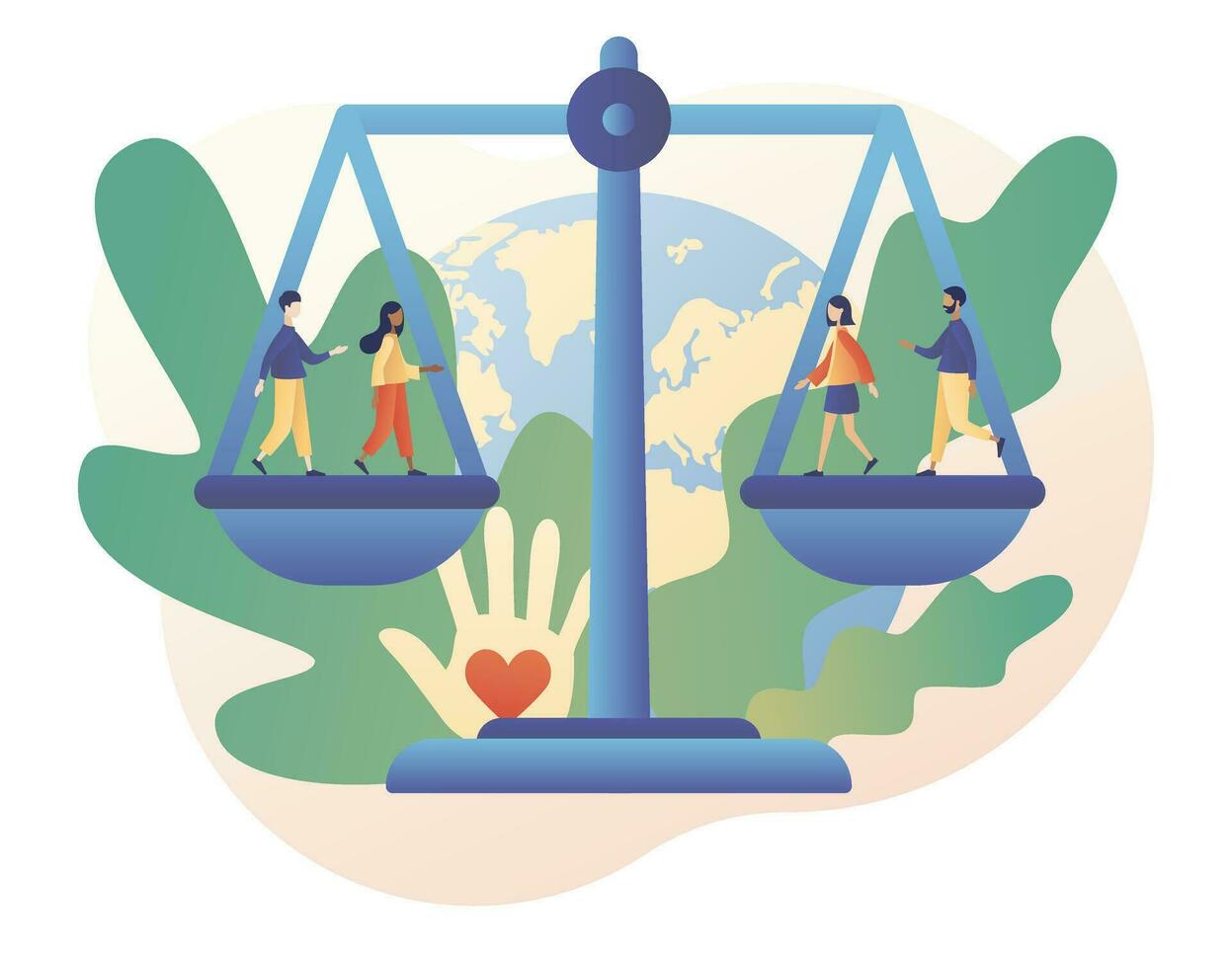 Human rights concept. World Social justice day. Big scales as symbol of equality, freedom and love. Tiny people for tolerance and respect. Modern flat cartoon style. Vector illustration