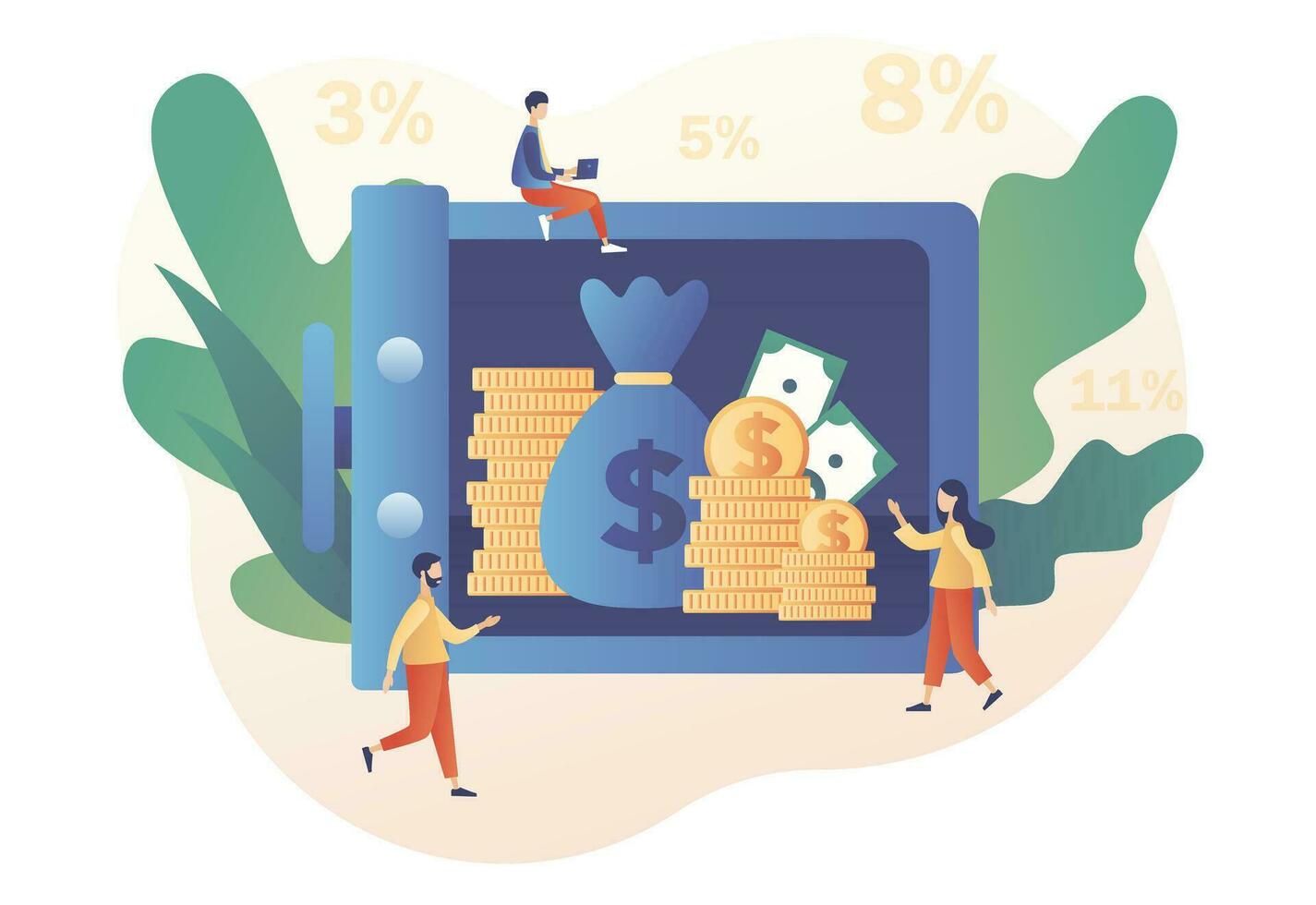 minúsculo personas poner dinero en banco seguro con dólares depositar concepto. a largo plazo dinero ahorro finanzas. banco cuenta, bancario, banco seguridad, seguridad. moderno plano dibujos animados estilo. vector ilustración