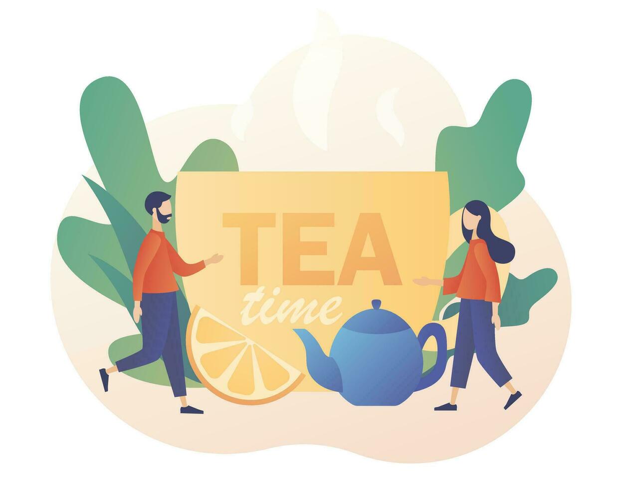 Tea time concept. Tiny people drinking tea. Hot drinks party. Big cup, kettle and lemon slice. Modern flat cartoon style. Vector illustration on white background