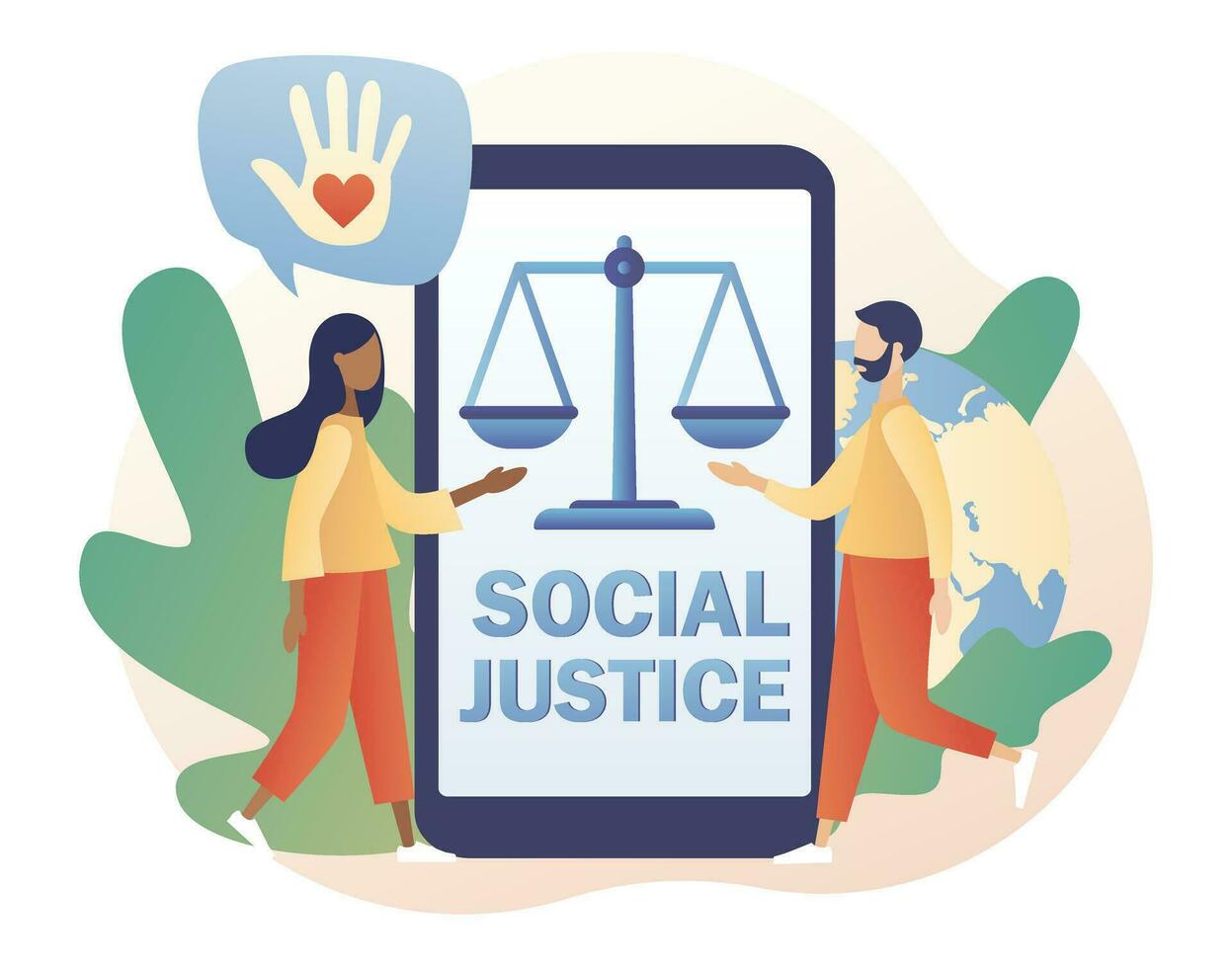 social justicia - texto en teléfono inteligente pantalla. humano derechos concepto. minúsculo personas para tolerancia y respeto. escamas como símbolo de igualdad, libertad y amor. moderno plano dibujos animados estilo. vector ilustración