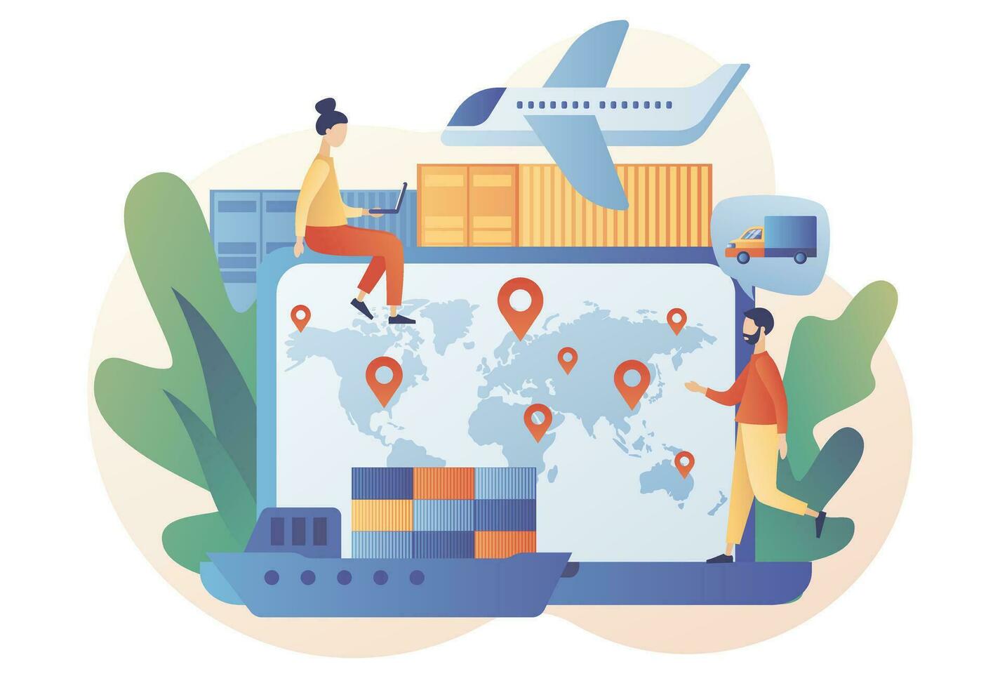 Business logistics. Global logistics network. Export, import, warehouse business, transportation. Tiny people tracks orders online. On-time delivery. Modern flat cartoon style. Vector illustration