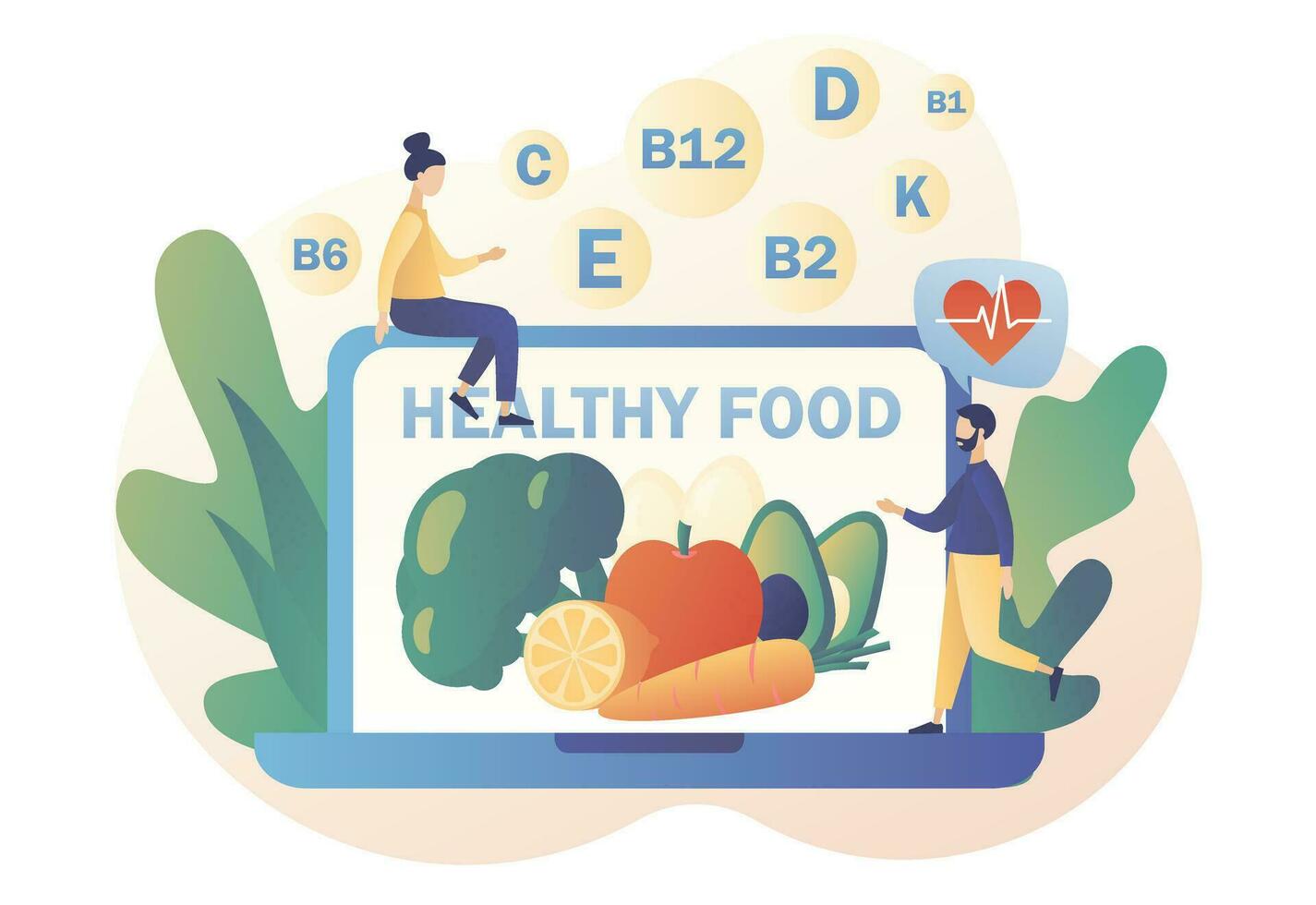 Healthy food - text on laptop screen. Nutritionist online. Tiny people consume healthy organic nutrition with vitamins. Modern flat cartoon style. Vector illustration on white background