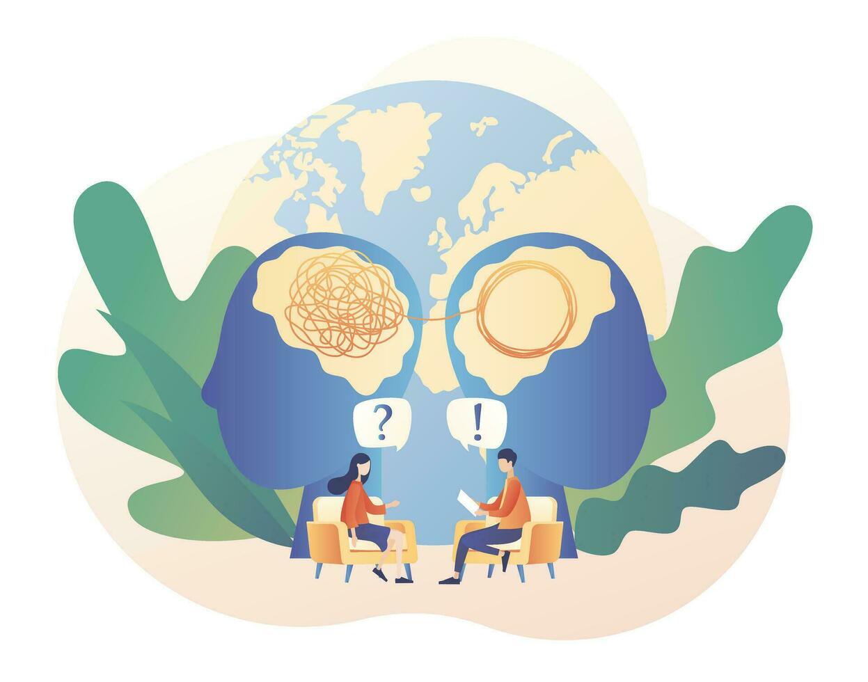 World mental health day. Tiny psychologist and patient. Psychology without borders. Psychotherapy practice, psychological help, psychologist service. Modern flat cartoon style. Vector illustration